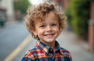 Happy child portrait. Cute boy with stylish curly hair smiling, looking directly at camera on street. Positive emotion, facial expression, joy, childhood. Modern fashion. Caucasian kid outdoor.