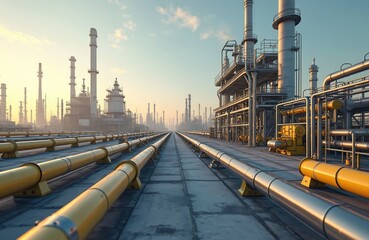 Illustration of industrial zone with petroleum plant. Pipelines, pipe rack, industrial facilities for oil, gas processing, hydrogen production, chemical plants, energy sector, power, modern
