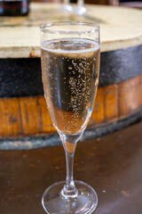 Pouring and tasting of dry sparkling wine brut, grand reserve, champagne in Ay-Champagne wine making village in Vallee de la Marne, , Champagne region, France