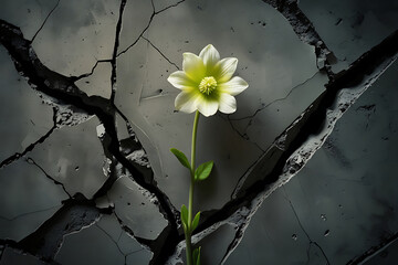 A delicate white flower blooms through cracked earth, symbolizing resilience and hope.

