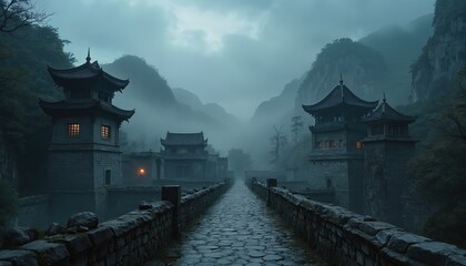 Obraz premium Ancient Chinese mountain castle ruins. Historic Asian architecture with fortress, towers on the bridge, stone wall. Fog, cloudy sky landscape, nature backdrop. Travel tour illustration.