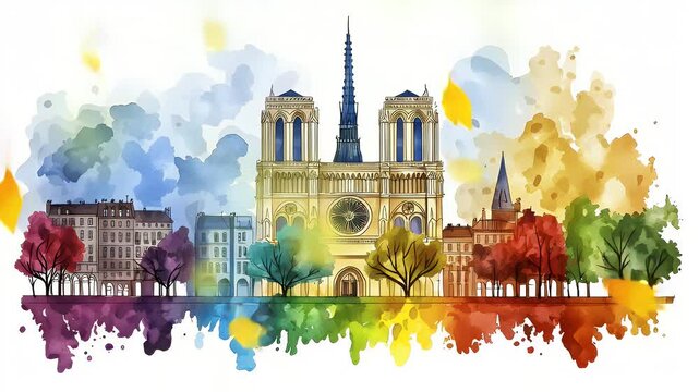 Watercolor Notre Dame Cathedral in Autumnal Paris
