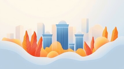 wildfire and architecture concept. City skyline with autumn foliage in warm colors.
