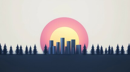 wildfire and architecture concept. Stylized city skyline with sunset and silhouette of trees.