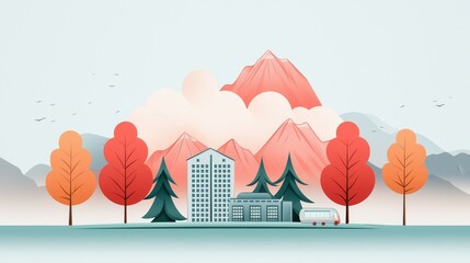 wildfire and architecture concept. Colorful landscape featuring mountains, trees, and a cityscape illustration.