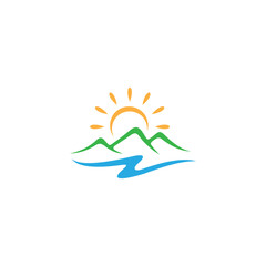 mountain nature landscape logo with sun and water elements in flat design style