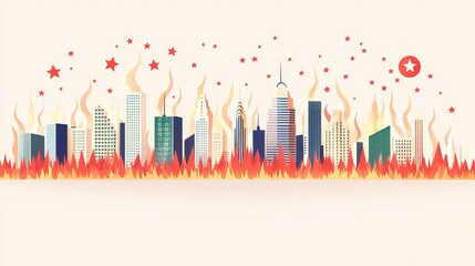 wildfire and architecture concept. Urban skyline engulfed in flames with stars above.