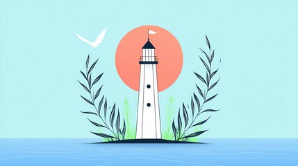 wildfire and architecture concept. Illustration of a lighthouse surrounded by water and greenery.