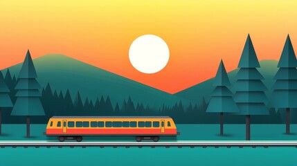 wildfire and architecture concept. Colorful train travels through a stylized landscape at sunset.