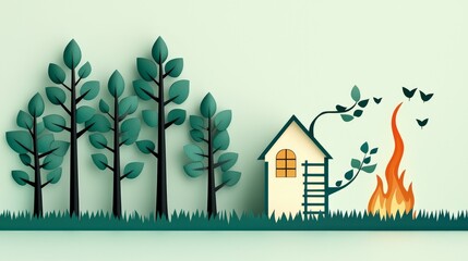 wildfire and architecture concept. Whimsical scene of trees, a house, fire, and birds on a light background.