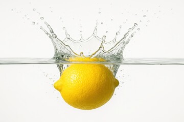 Dynamic action shot of a fresh yellow lemon splashing dramatically into clear water creating a crown-shaped splash and scattering droplets isolated on a white background.