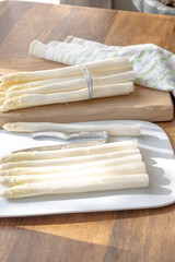 Dutch farmers high quality products, washed and peeled fresh white asparagus, seasonal vegetarian food