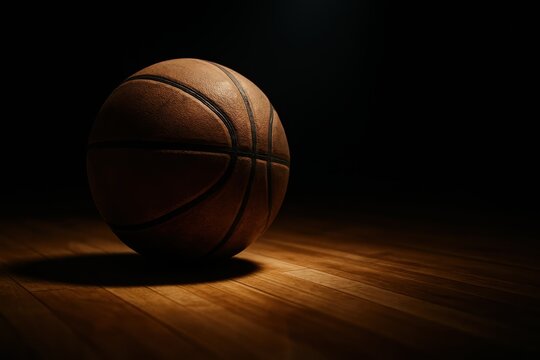 Gritty close-up of a worn basketball resting on the textured hardwood floor of an empty indoor court under a dramatic spotlight.
