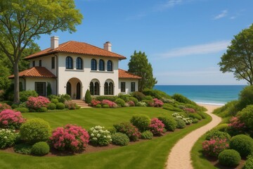 Fototapeta premium Luxurious Mediterranean-style villa in the Hamptons New York featuring white stucco walls terracotta roof tiles a lush sprawling garden and private pathway to a pristine sandy beach.