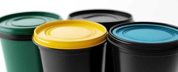 Three trash cans with colorful lids on a white background