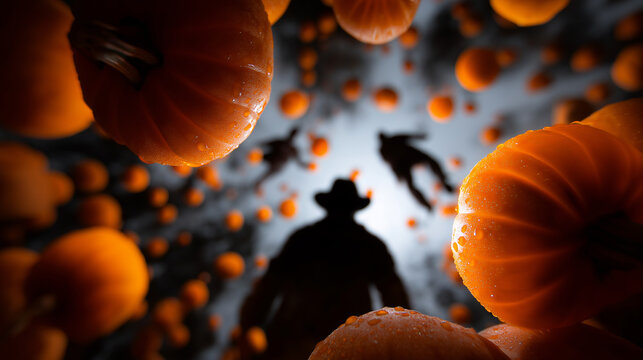 Schatten einer Person umgeben von orangefarbenen Halloween-K&uuml;rbissen