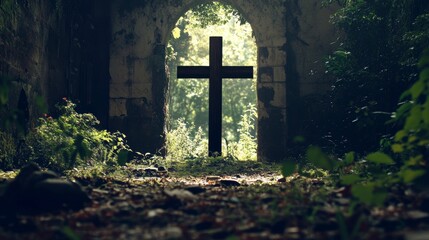 Dark stone archway, overgrown with plants, reveals a large wooden cross bathed in sunlight.