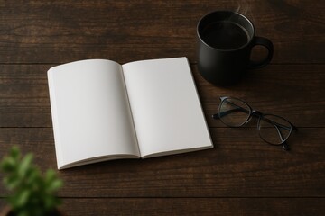 Fototapeta premium Minimalist flat lay of an open blank white softcover book mockup a steaming black coffee mug and stylish eyeglasses on a rustic dark brown wooden table with a blurred potted plant.
