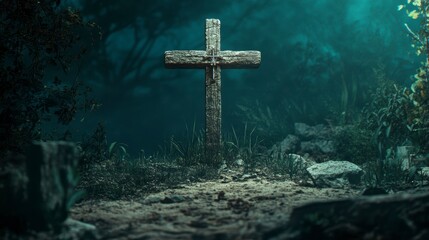 Naklejka premium Weathered wooden cross stands in a dark, overgrown forest clearing at night.