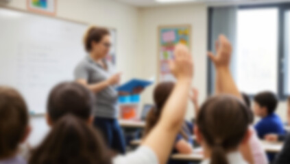 Blurred classroom image showing teacher and students hold their hands up. Useful for education, learning, or school context where anonymity is needed.