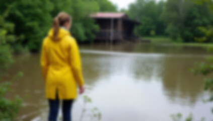 Obraz premium Blurred outdoor scene shows solitary person in yellow raincoat standing by river. Image is suitable for themes of solitude, nature, or travel.