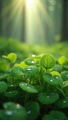 Close-up image lush green plants covered dewdrops. Soft sunlight in serene forest setting. Nature detail, fresh leaves, forest scenery with natural light.