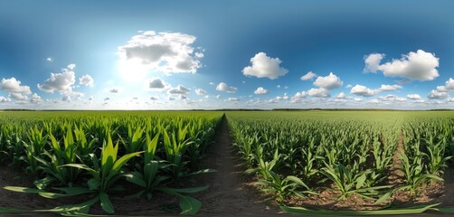 360 degree panorama view among corn fields, blue sky with white clouds in equirectangular projection. Ready for VR, AR content. Agriculture, farming, eco, renewable energy. Agricultural background.