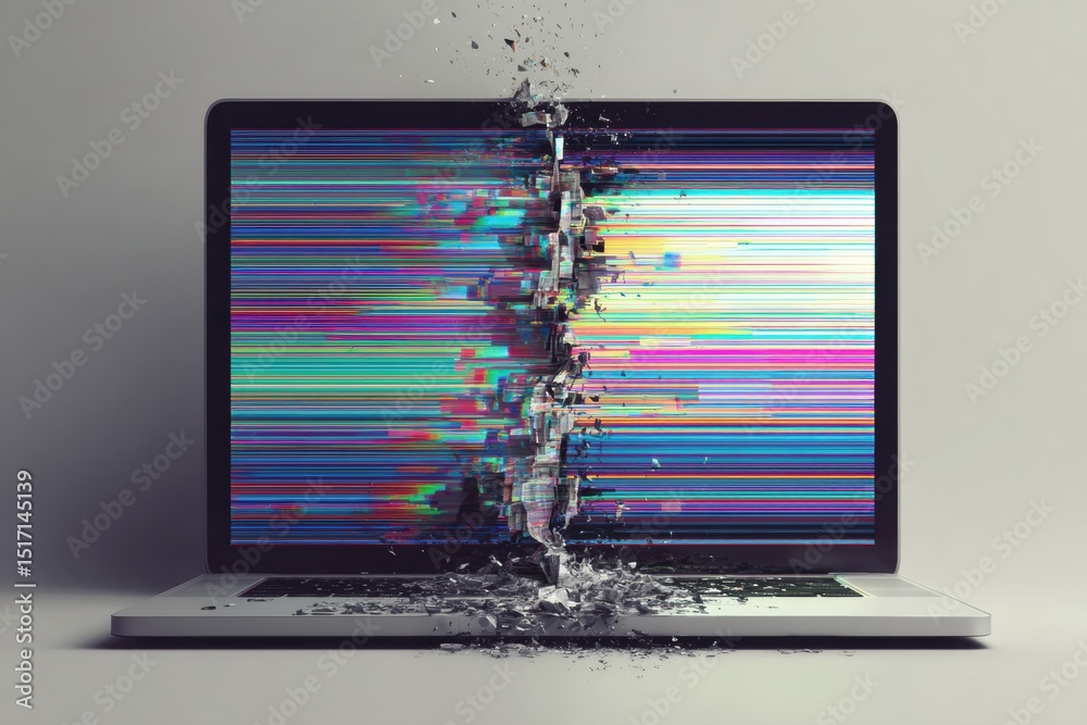 Aufkleber laptop screen tears apart with glitch effect showcasing a dynamic visual disruption