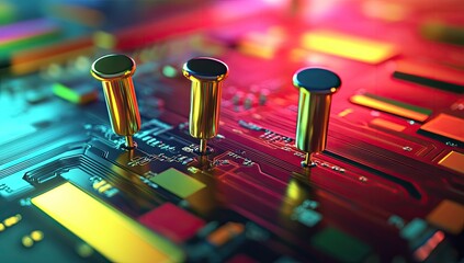 Close-up of colorful circuit board with metallic pins