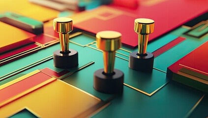 Close-up of colorful geometric shapes with golden levers