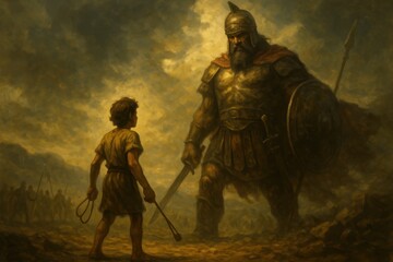 Biblical Scene of David's Courageous Confrontation with the Giant Goliath Depicting Bravery Divine Intervention and an Epic Showdown from the Old Testament