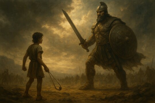 Biblical Scene of David's Courageous Confrontation with the Giant Goliath Depicting Bravery Divine Intervention and an Epic Showdown from the Old Testament