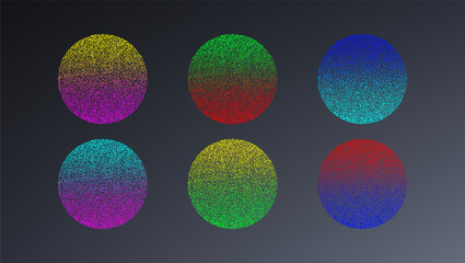 Colourful circle elements in different forms. Noise grain background, pointillism dots gradient or dotwork pattern, vector stipple effect. Grain noise halftone or grainy texture or dotwork grain noise