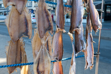 Dtied on air or salted stock fish on sea promenade in Oostende, Belgium