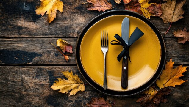 Autumnal place setting on rustic wooden table - Powered by Adobe