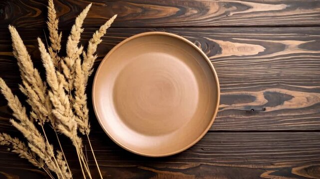 Earthenware plate and bundle of wheat on rustic wood table background for food photography or kitchen theme