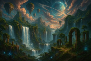 Fototapeta premium Epic Fantasy Landscape Digital Game Art Featuring Mystical Floating Islands Cascading Waterfalls and Ancient Ruins Under a Dramatic Sky Perfect for Gaming Wallpapers