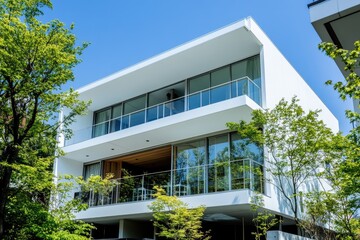 Modern white house with multiple balconies and surrounding greenery