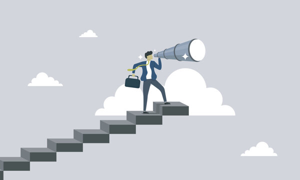 Man using monocular and climbing up stairs to looking for job or work. looking for hired. looking for inspiration. climbing for future. never giveup.