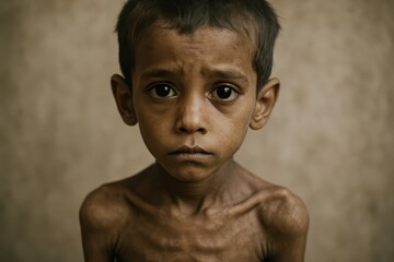 Heartbreaking Portrait of a Malnourished Young Boy with Sad Eyes Looking Directly at the Camera Highlighting Issues of Poverty Hunger and Child Welfare