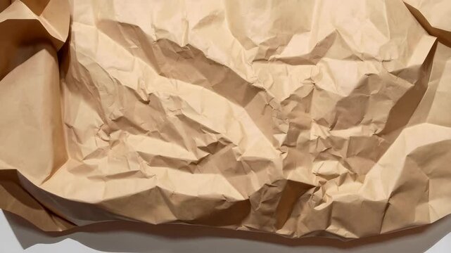 Close-up shot of heavily crumpled brown craft paper with visible creases and texture detail for art or packaging use