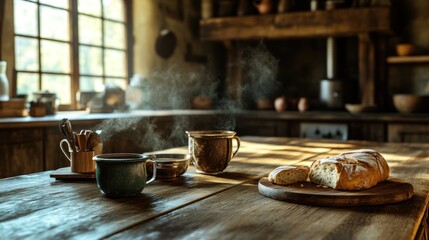 Rustic Kitchen Table: Warm Drinks and Fresh Bread