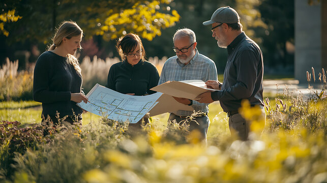 Group of professionals discussing plans in a natural outdoor setting