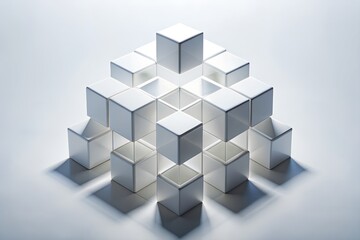 Abstract white cubes structure arranged in complex minimalist composition of interlocking blocks highlighting modern geometric design