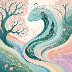 花の景色からあらわれる龍