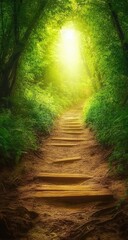 Sunlit path through a verdant forest. Wooden steps ascend toward a bright light source. Lush green foliage surrounds the trail