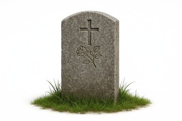Aged Granite Tombstone with Engraved Cross Standing in a Green Grassy Field Isolated on White Background