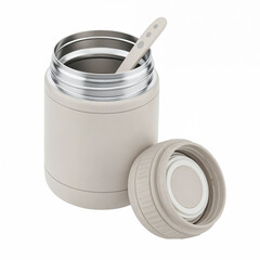 Open beige food thermos with spoon inside on white background