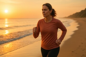 Determined Middle-Aged Woman Jogging Alone on a Serene Beach at Sunrise Recharging and Finding Inner Peace