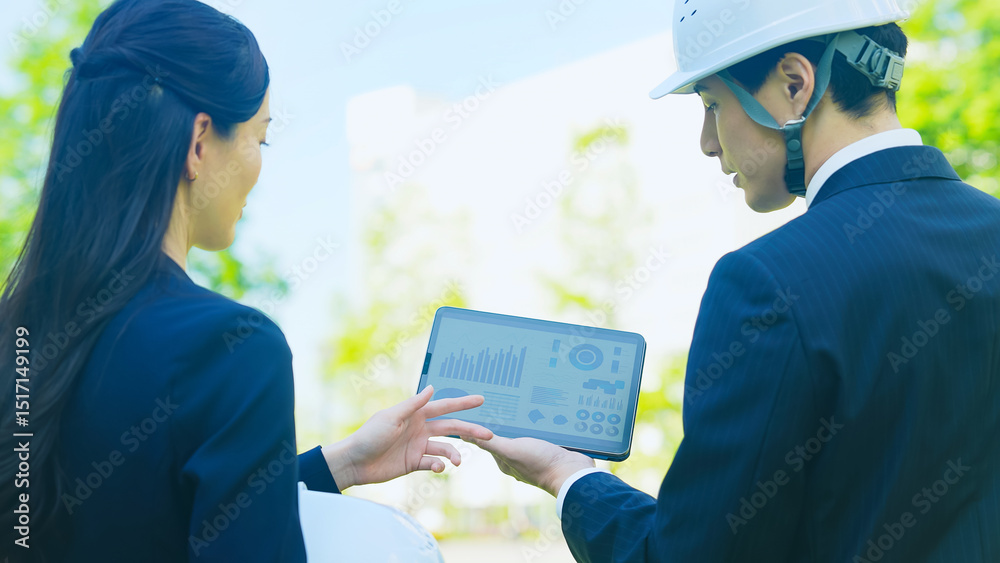 Poster エンジニア、タブレット、技術者、工場、建設、工事、作業員、dx、女性、男性、相談、設計、人材、会話、打ち合わせ、会議、日本人、新緑、ミーティング、環境、自然、公園、整備、修理、指示、指導、ヘルメット、